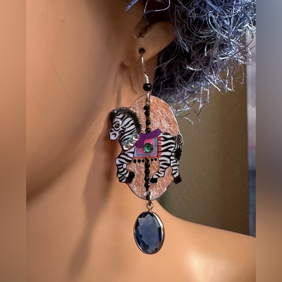 Handpainted zebra carousel horse earrings Sterling crystals OOAK - Picture 6 of 6